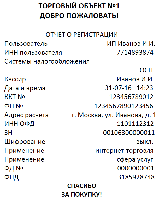касса распечатает отчет о регистрации